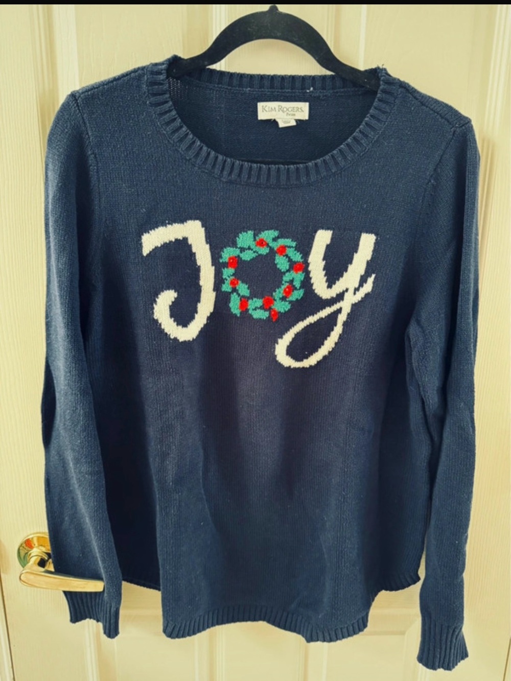 Kim Rogers Navy Blue 'JOY' Wreath Crewneck Sweater